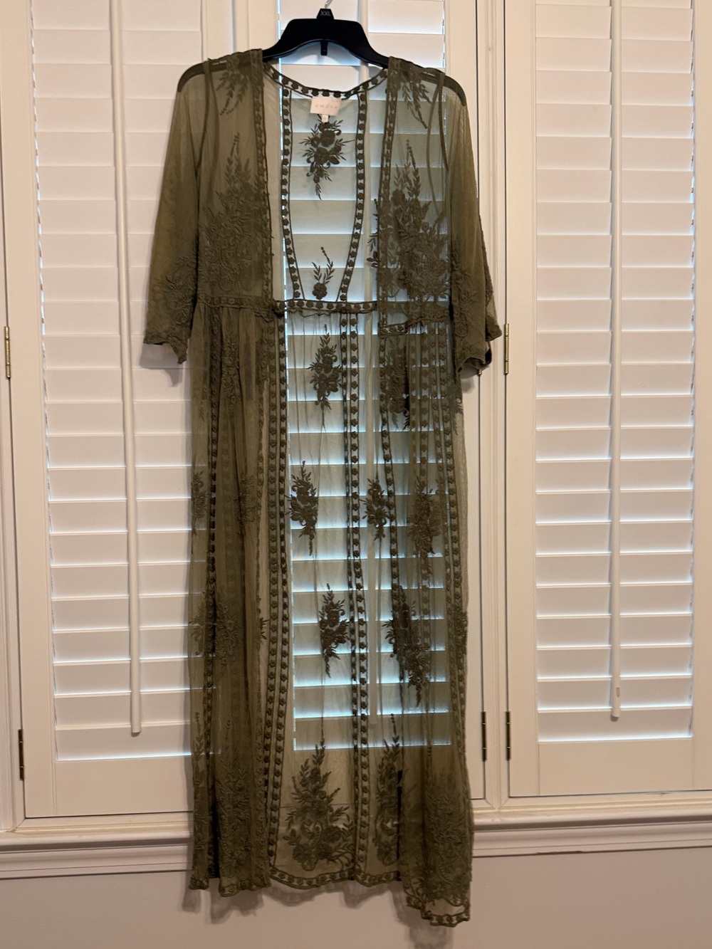 entro Olive Green Sheer Embroidered Maxi duster.